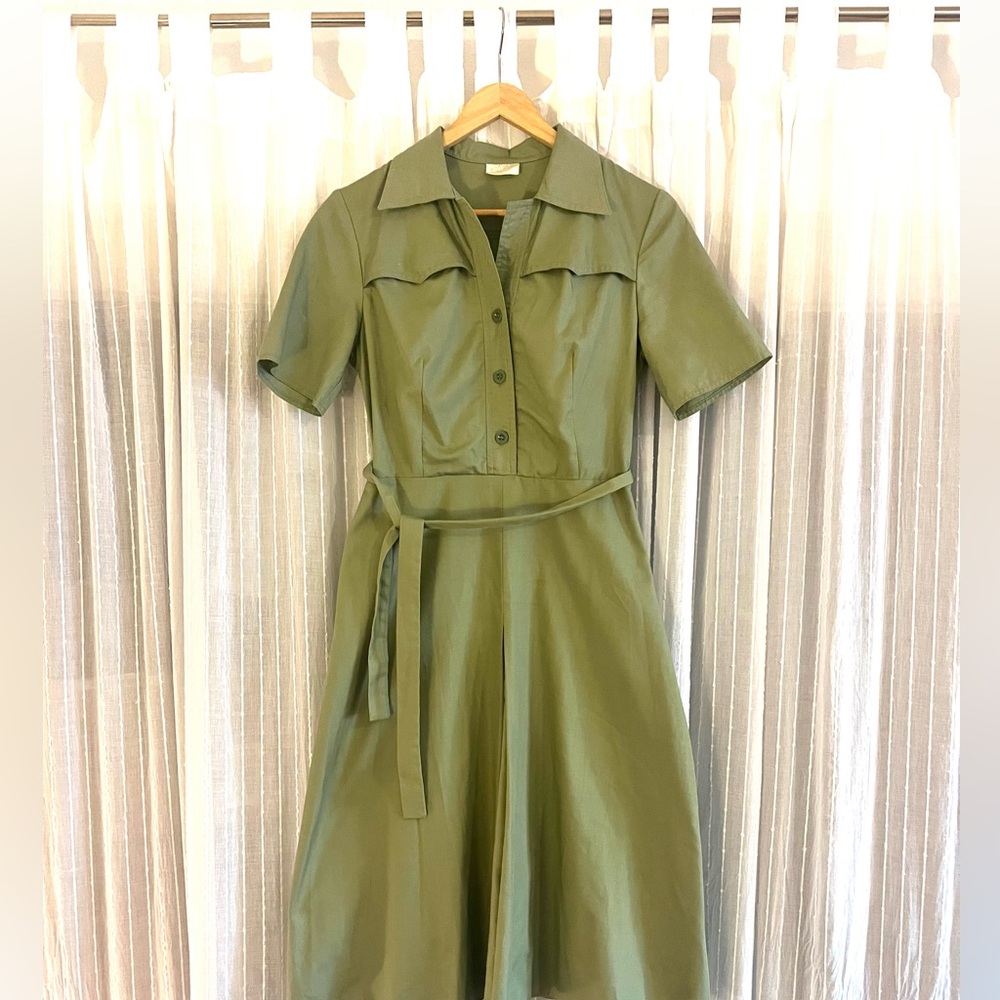 Vintage Olive Green Midi Shirt Dress with Waist Tie
